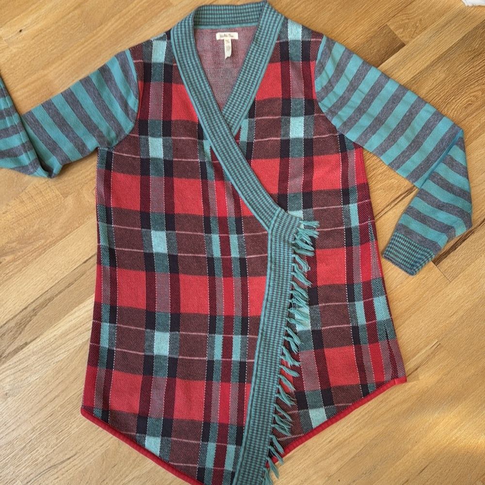 Matilda Jane Steadfast striped plaid Size M open Christmas sweater green red - Picture 5 of 8